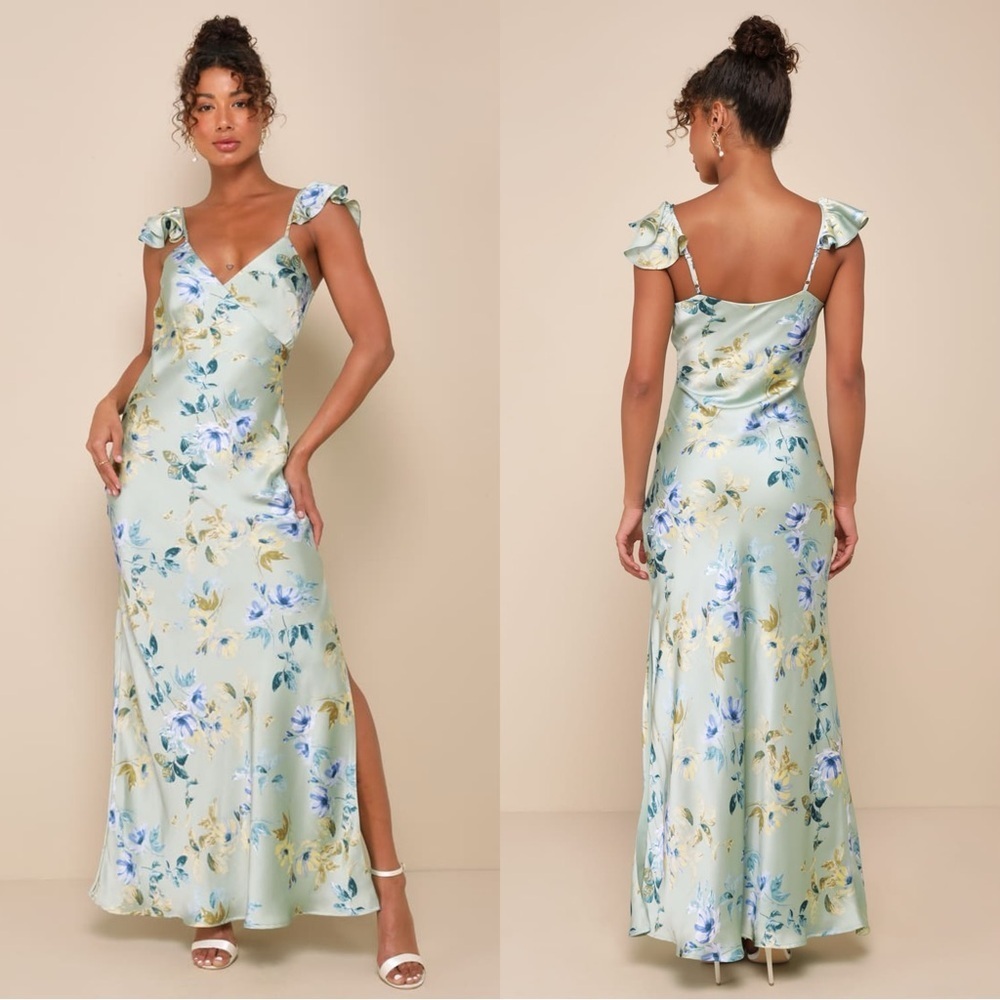 NWOT Lulus Captivating Grace Sage Green Floral Satin Ruffled Maxi Dress